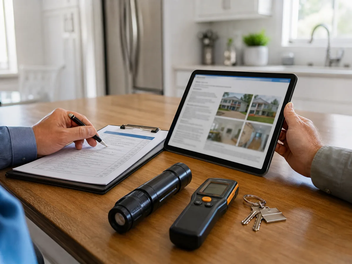 Buyer inspection materials with tablet report, checklist, keys, and tools