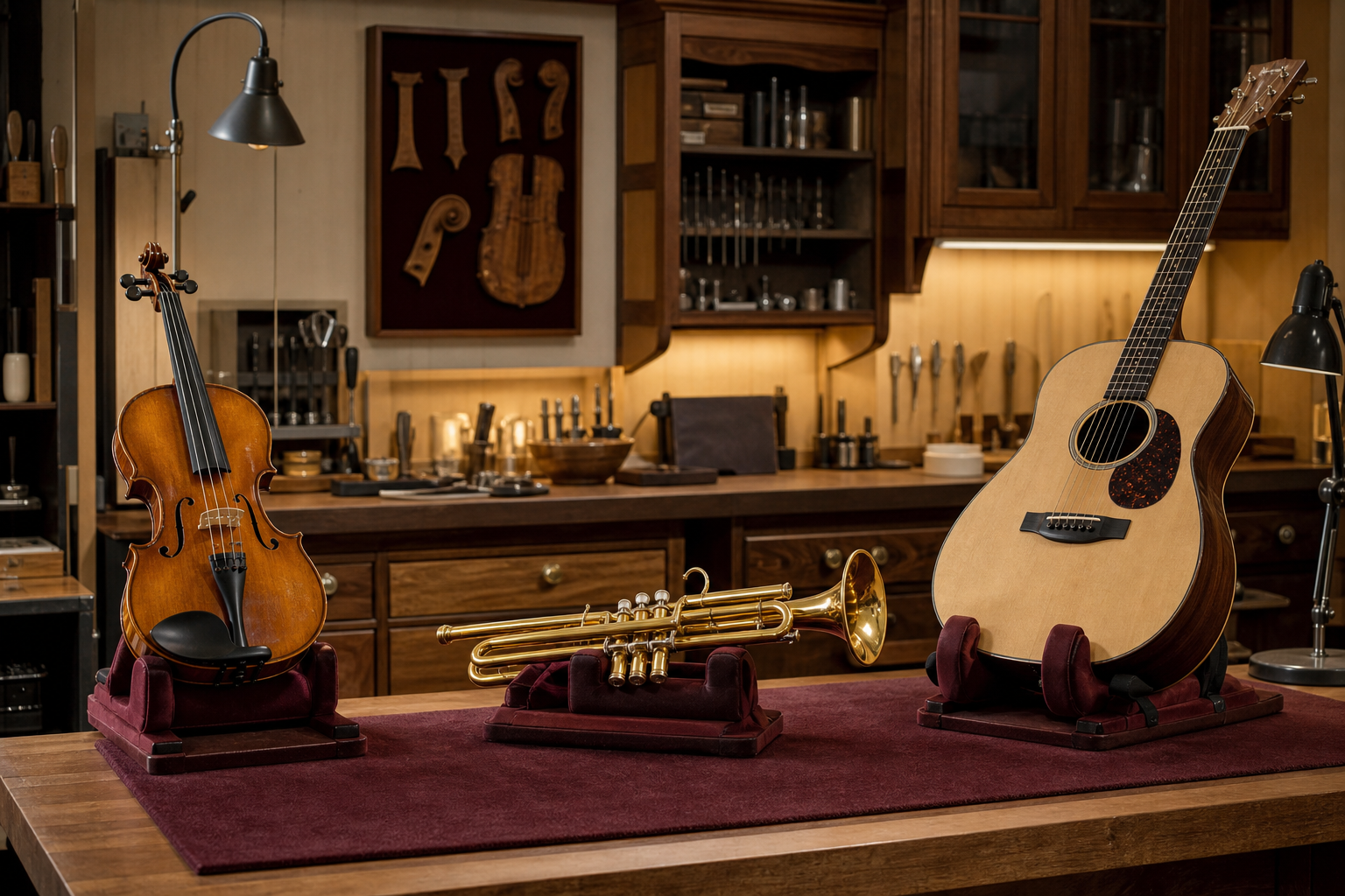 Restored violin, trumpet, and acoustic guitar displayed safely in a repair studio
