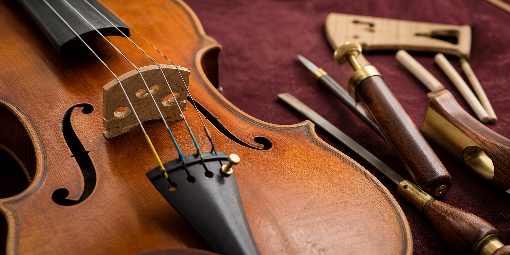 Violin bridge, strings, and precision luthier tools on a padded workbench