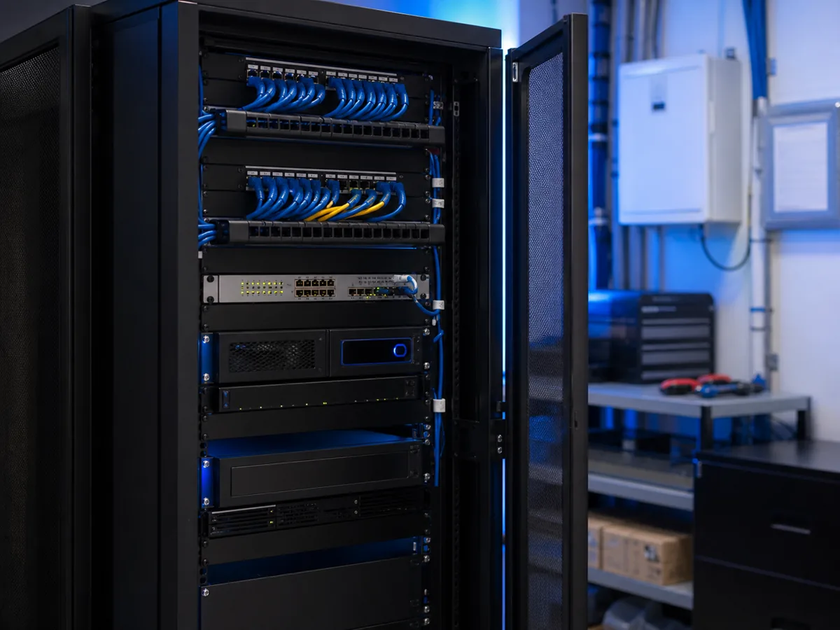 Technician configuring office network equipment