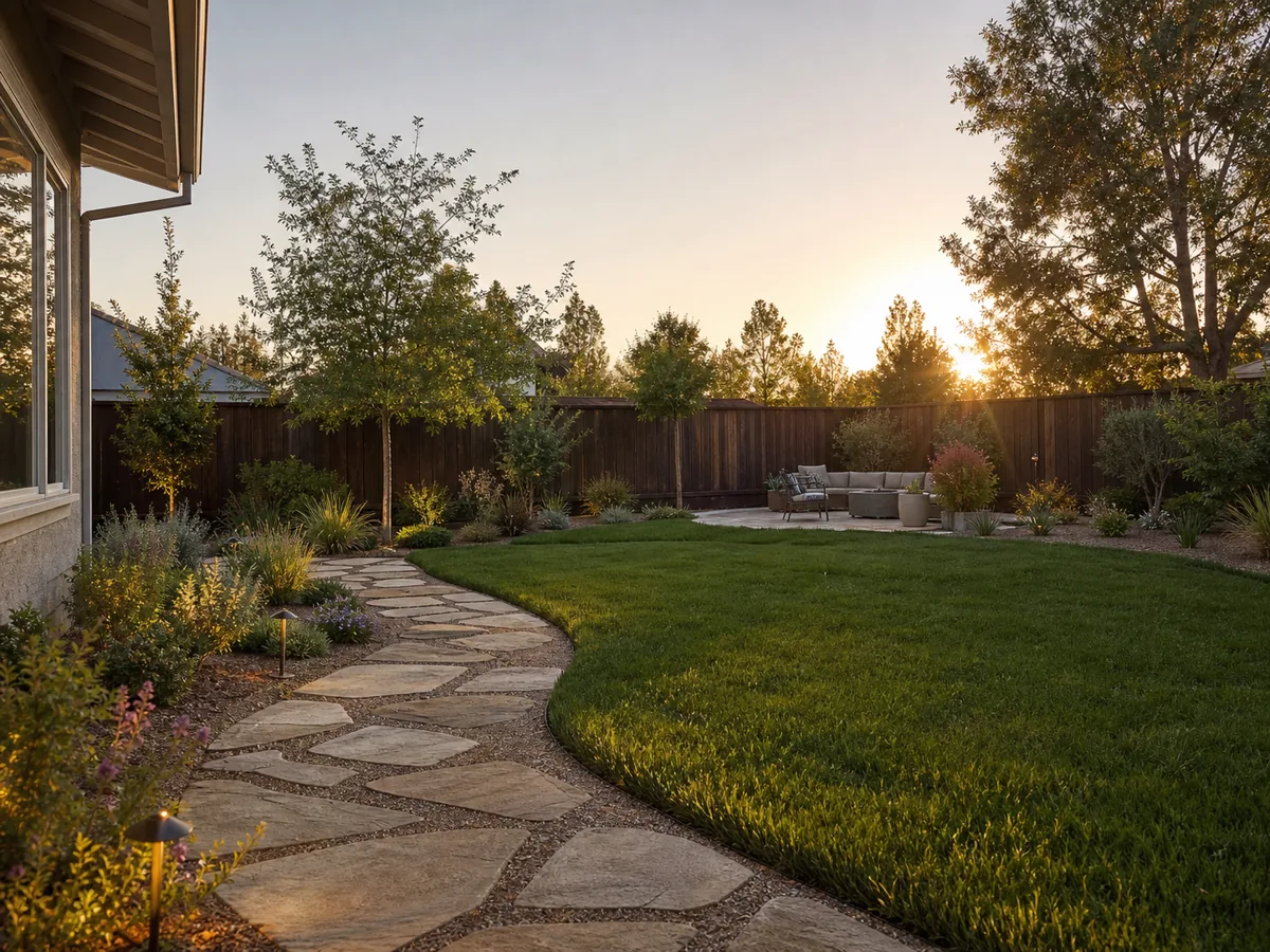 The same backyard after landscaping with fresh lawn and trees