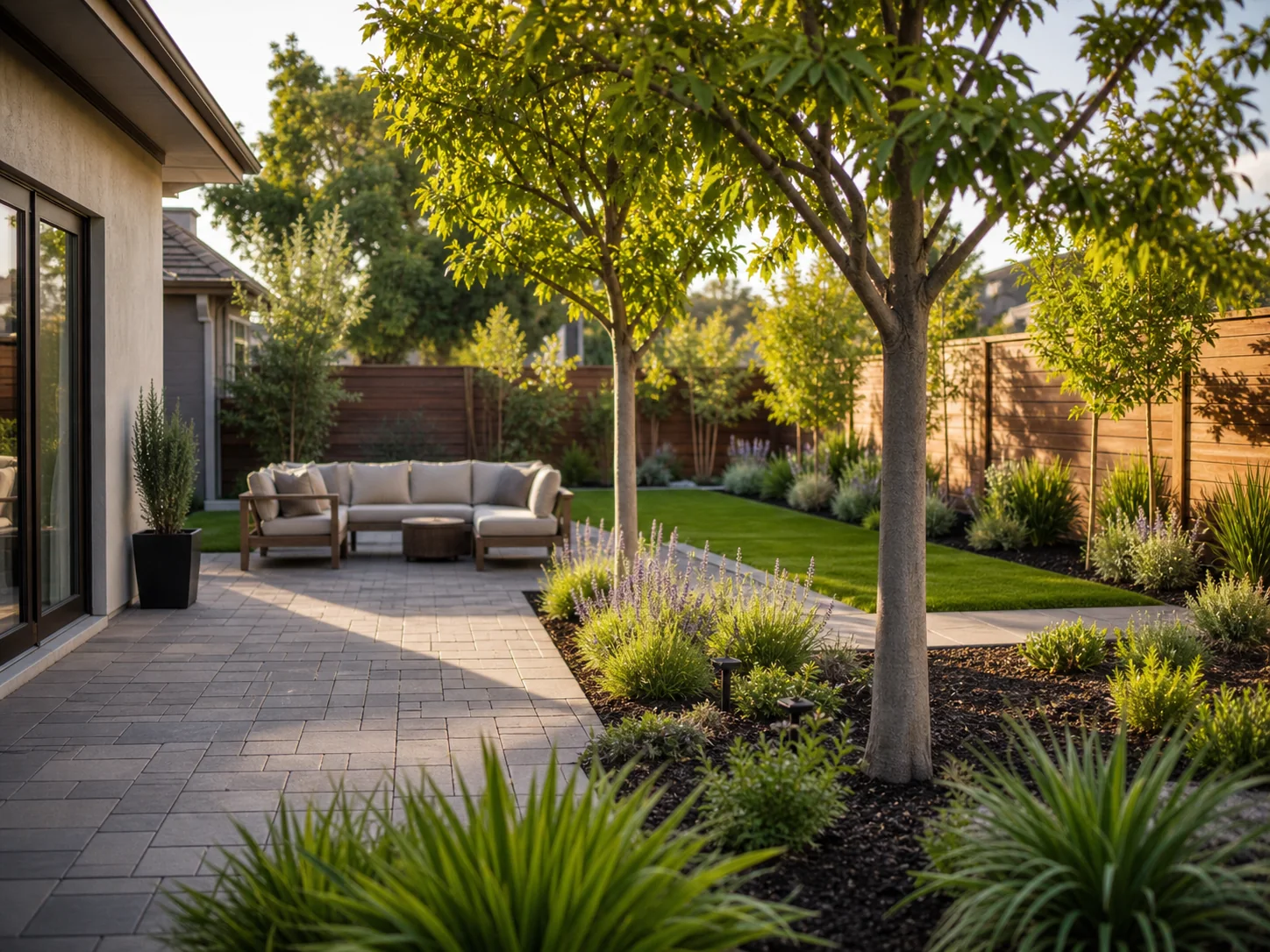 Modern Sacramento backyard with paver patio, young trees, planting beds, and outdoor seating