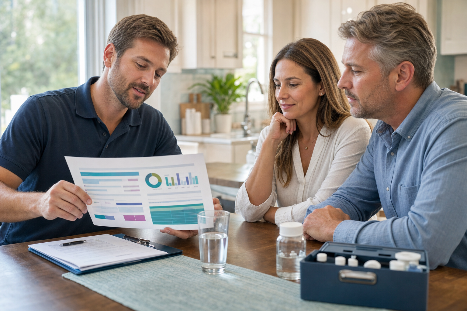 Water specialist reviewing a visual results summary with homeowners