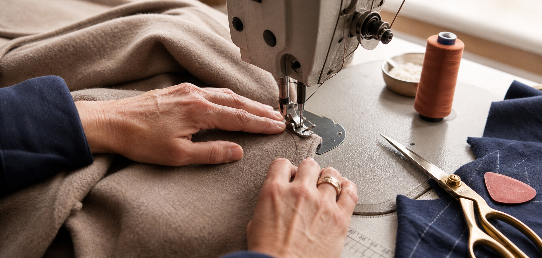 Skilled hands guiding wool fabric through a professional sewing machine