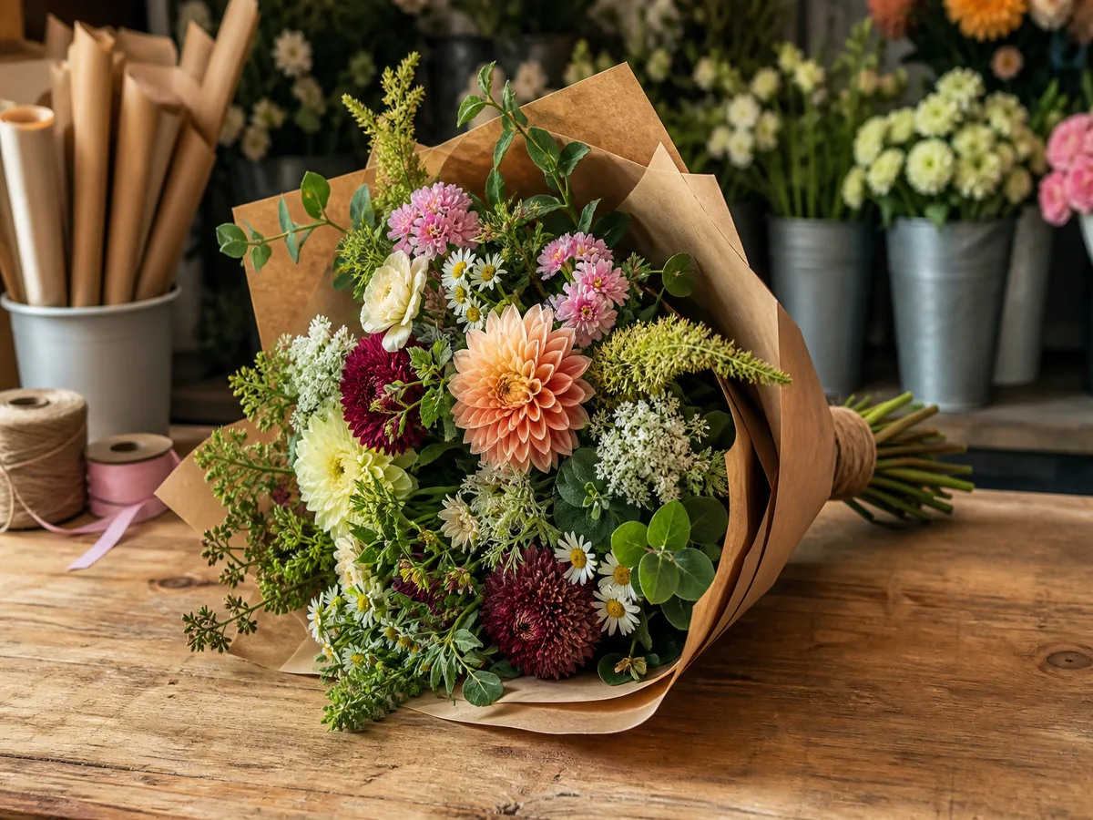Florist arranging seasonal stems in the Copper & Sage studio