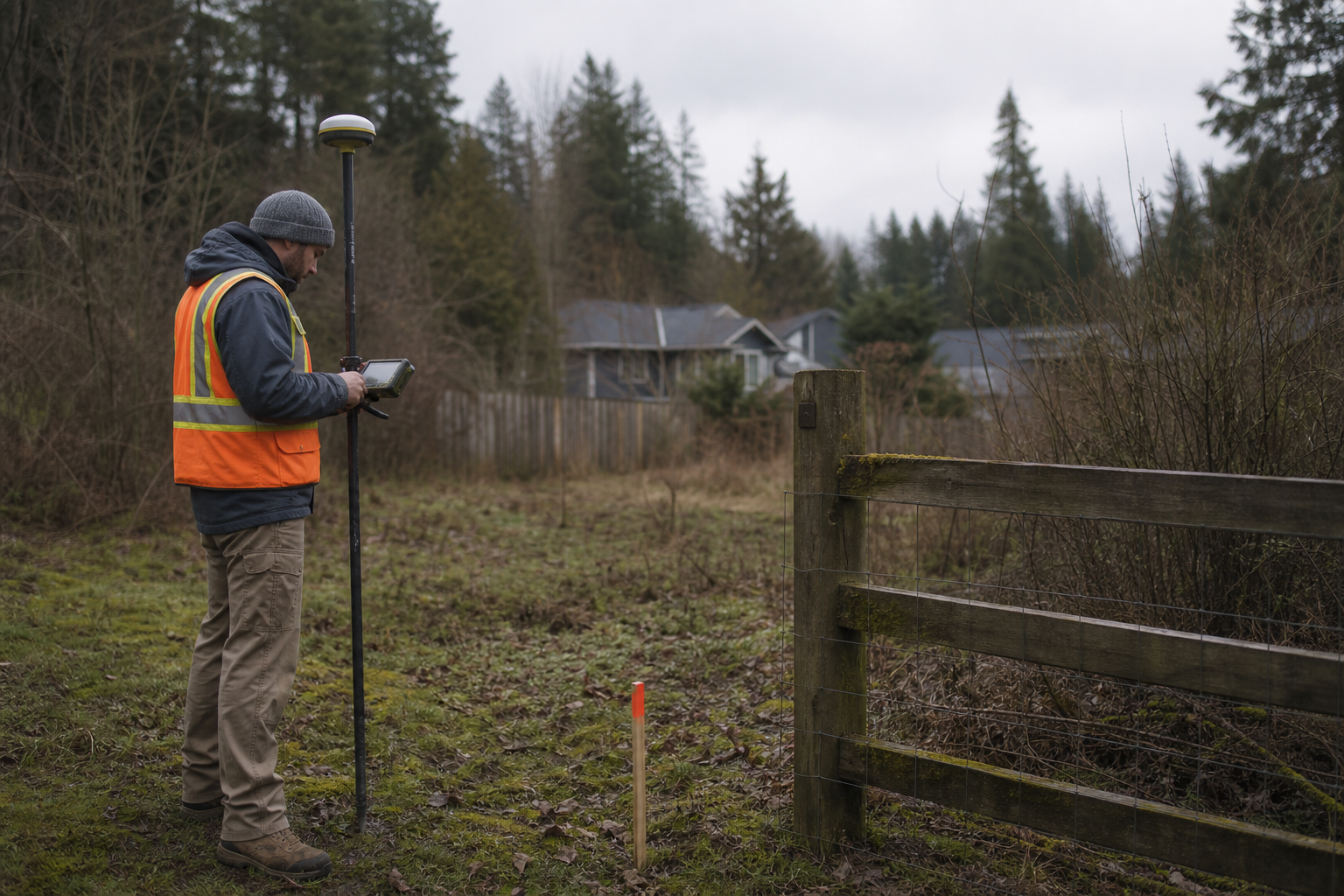 Surveyor using a GNSS rover at a residential property boundary
