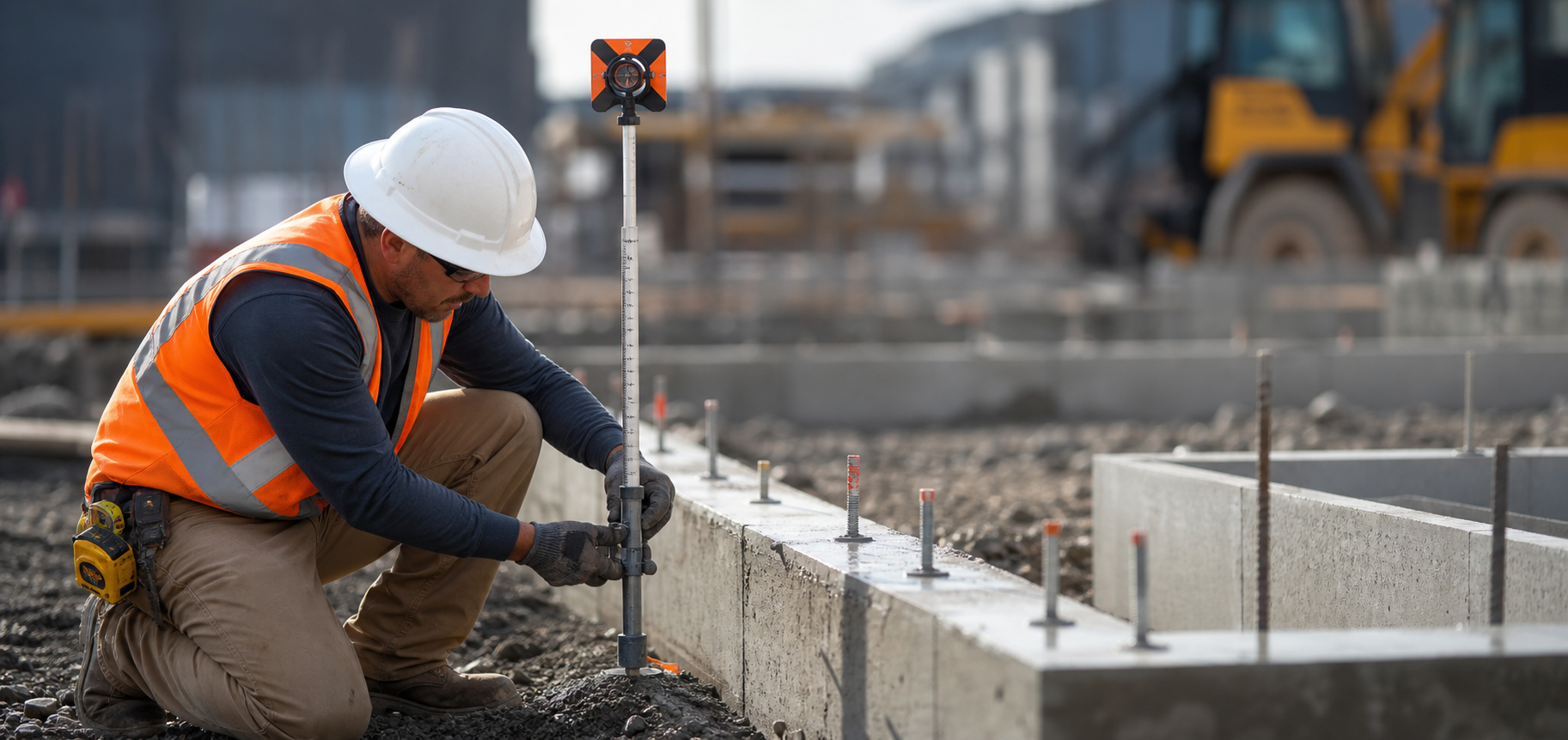 Surveyor establishing precise construction layout beside concrete forms