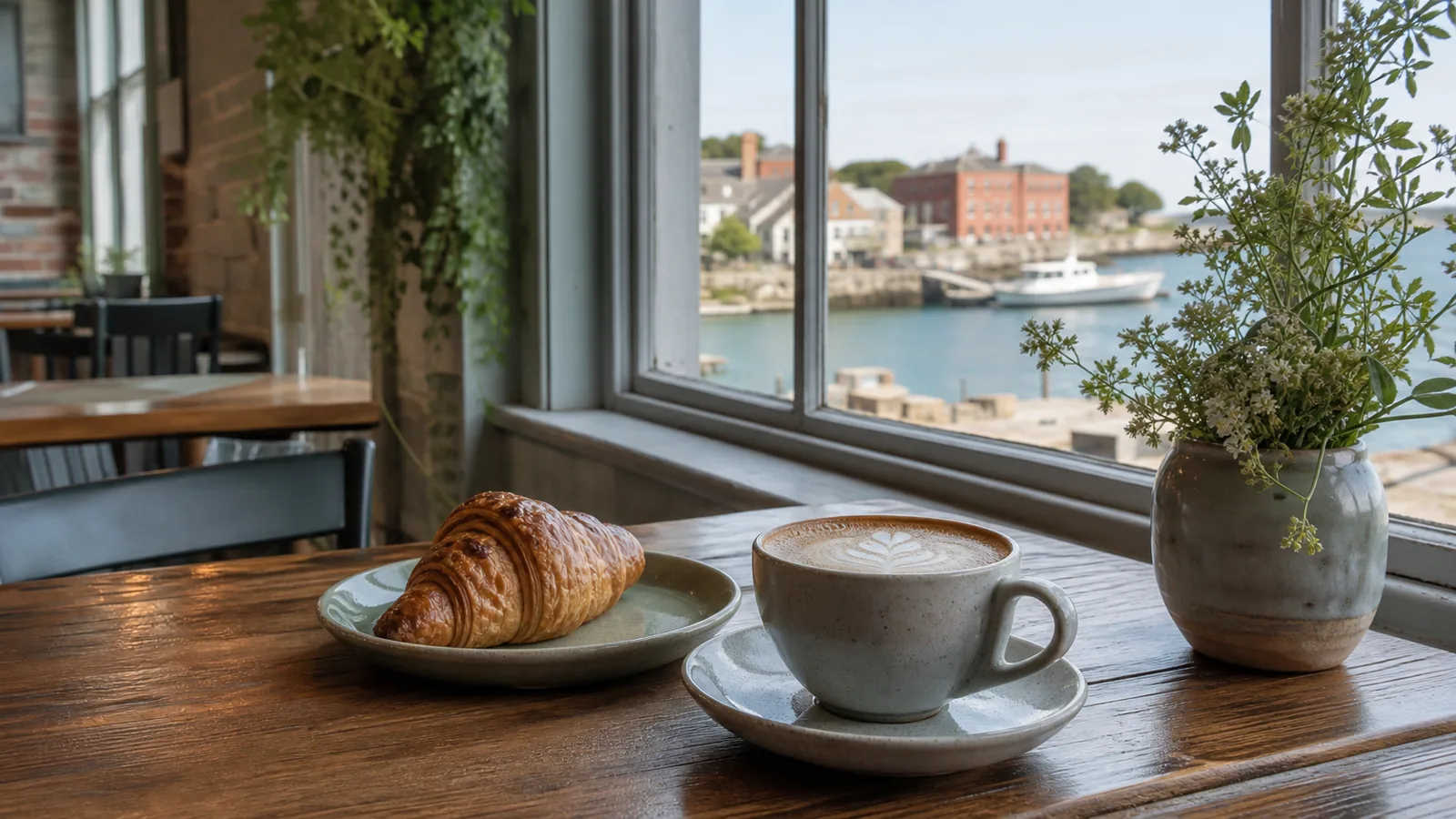 Warm Harbor & Grain café interior with coffee and pastries by the window