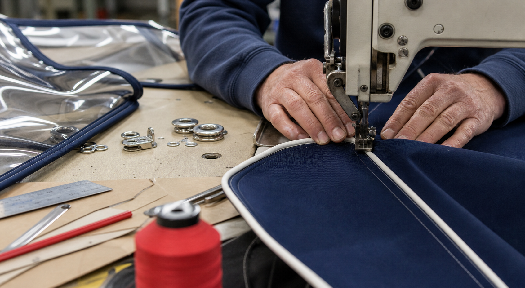 Skilled hands sewing navy marine canvas with white piping on an industrial machine
