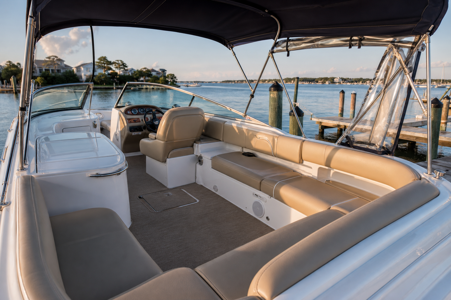 Completed custom navy bimini and sand-colored upholstery on a family motorboat