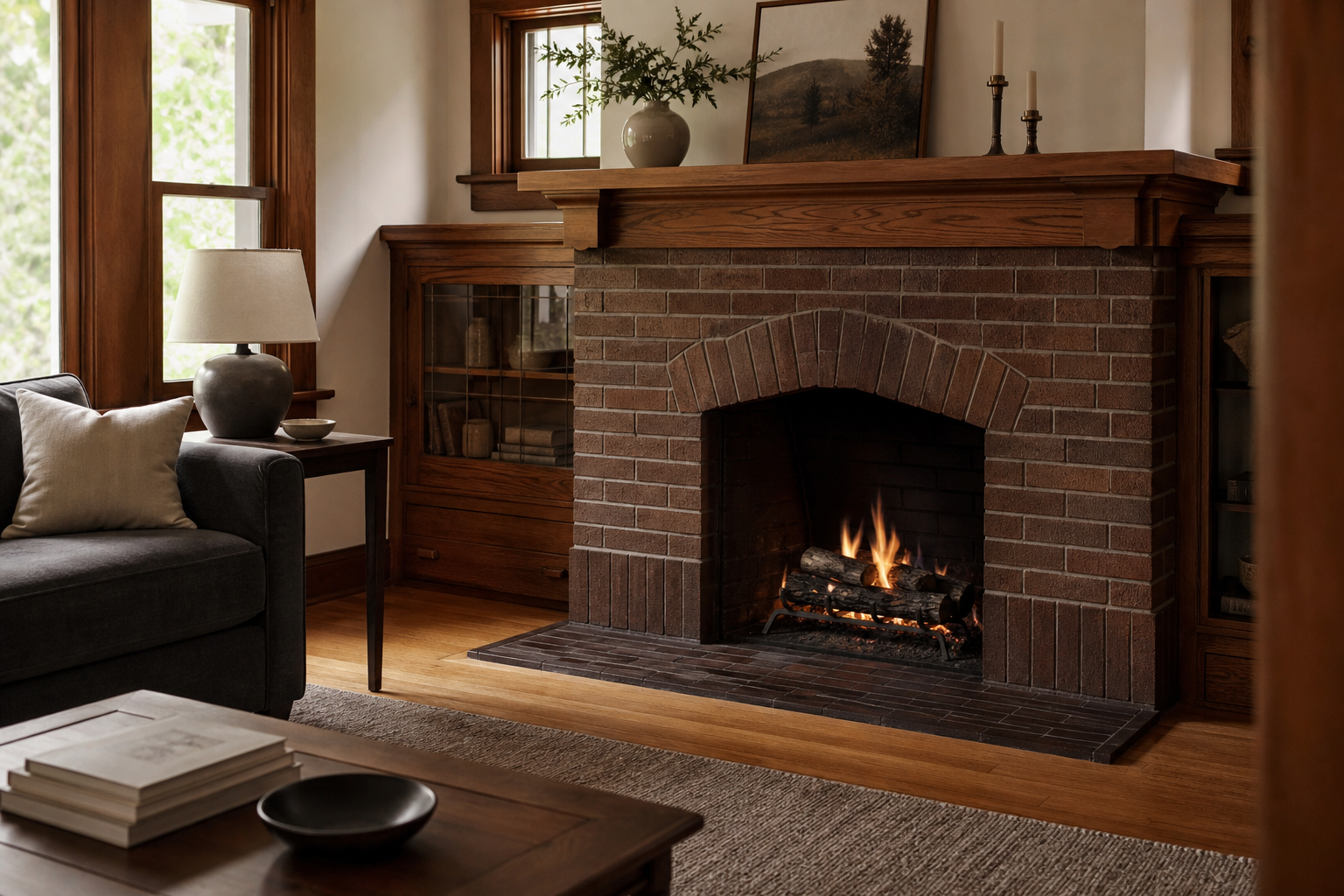 Restored brick fireplace in a warm craftsman living room