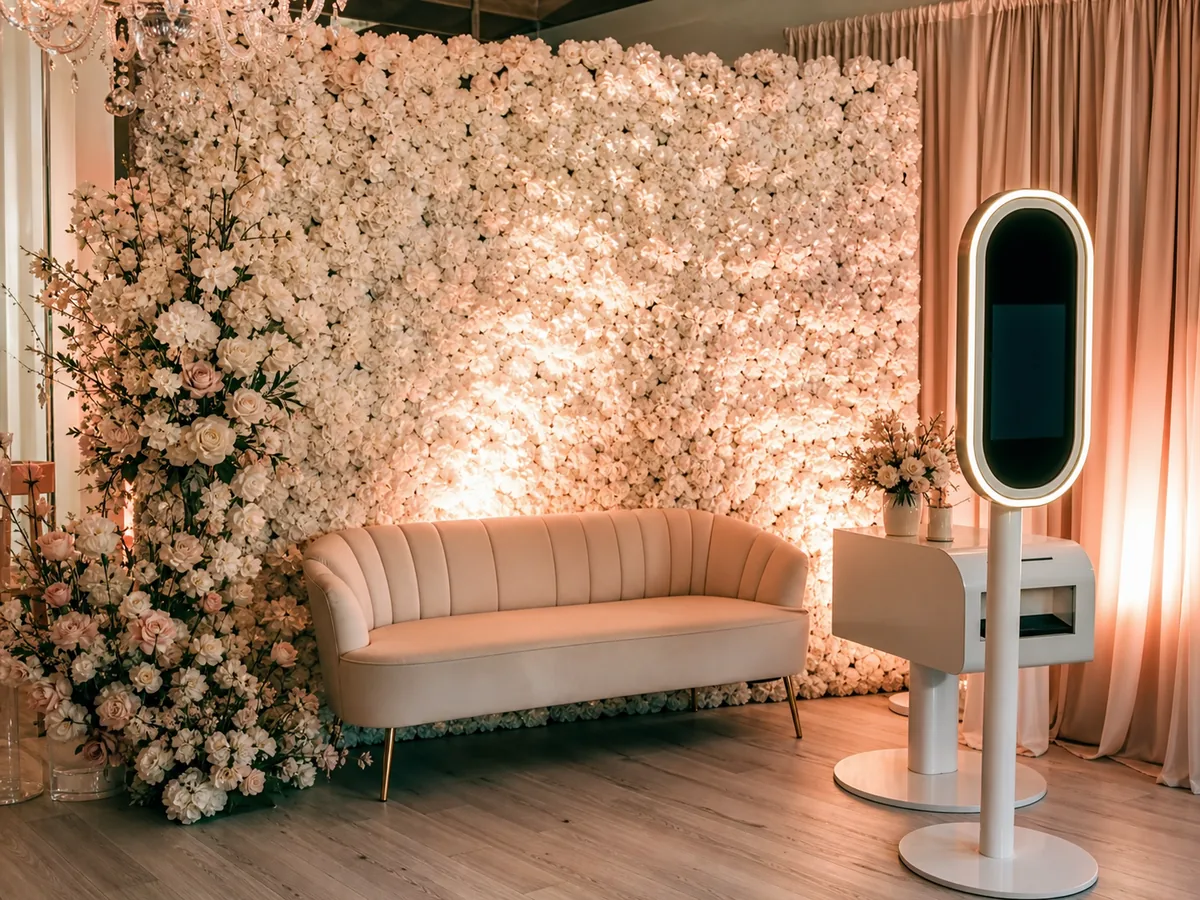 Guests laughing in a Las Vegas Photo Booths setup with props