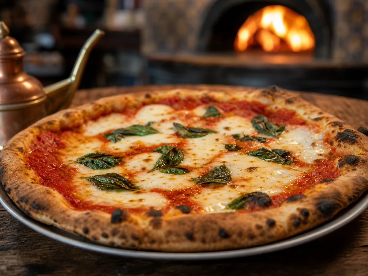 Chef pulling a pizza from the wood-fired oven