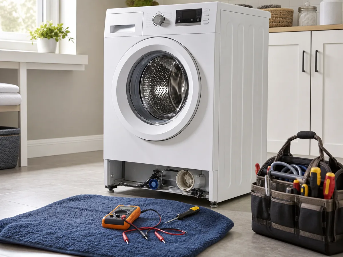 Washing machine diagnostic setup with tool bag and multimeter