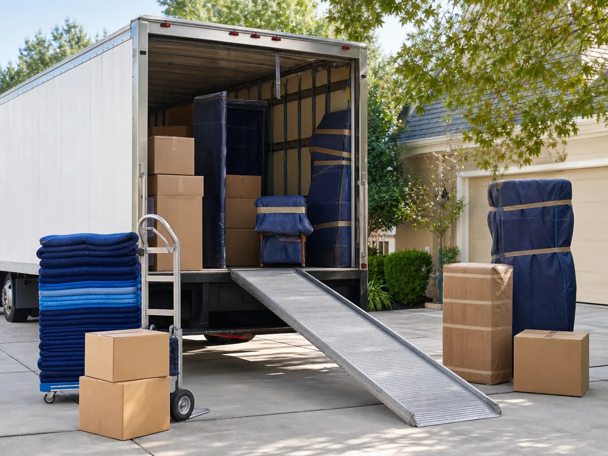 Moving truck with ramp, wrapped furniture, boxes, pads, and hand truck