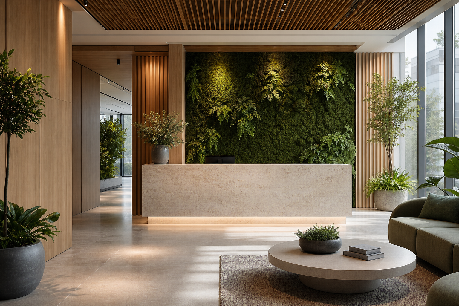 Completed office reception with a refined living wall and layered greenery