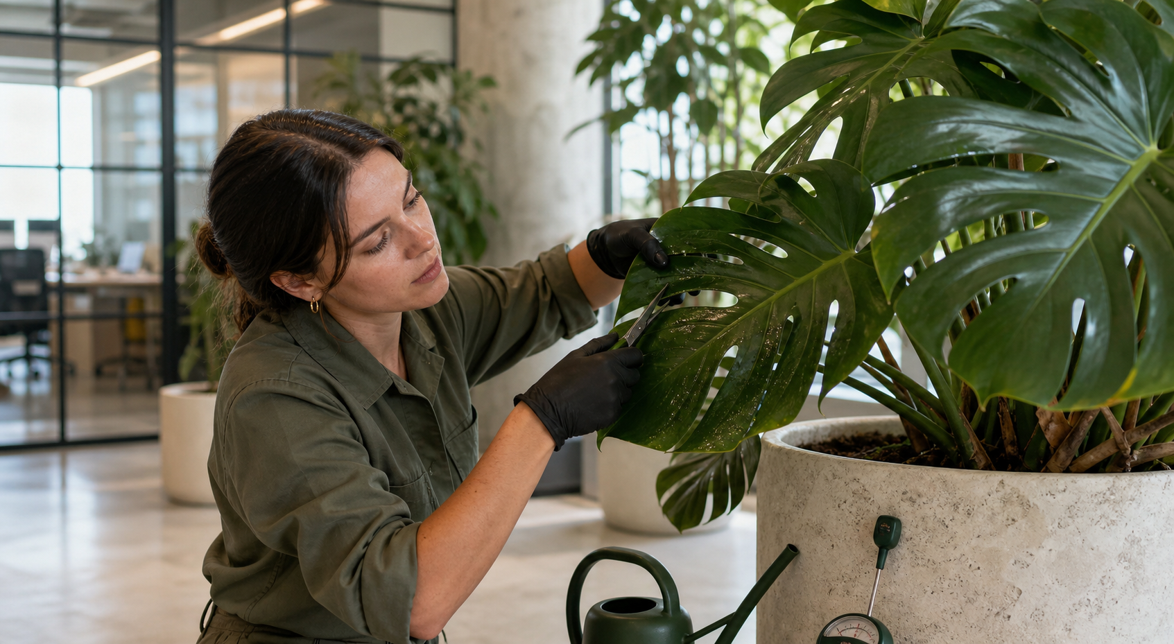 Plant-care specialist carefully pruning a healthy office monstera