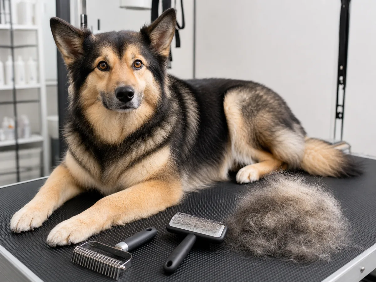 Groomer de-shedding a fluffy dog