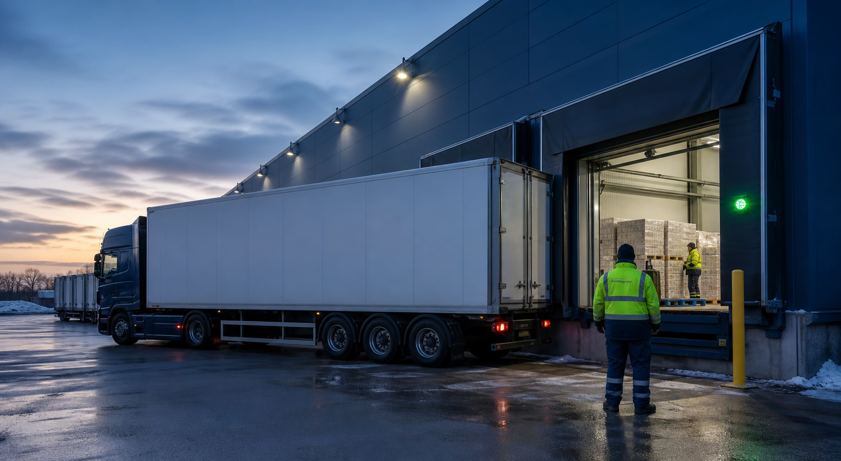 Refrigerated trailer safely backed to a sealed loading dock at dawn