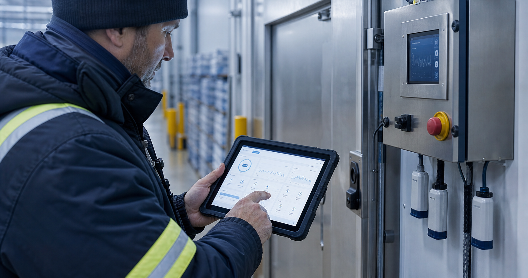 Operations supervisor reviewing cold-room monitoring on a rugged tablet