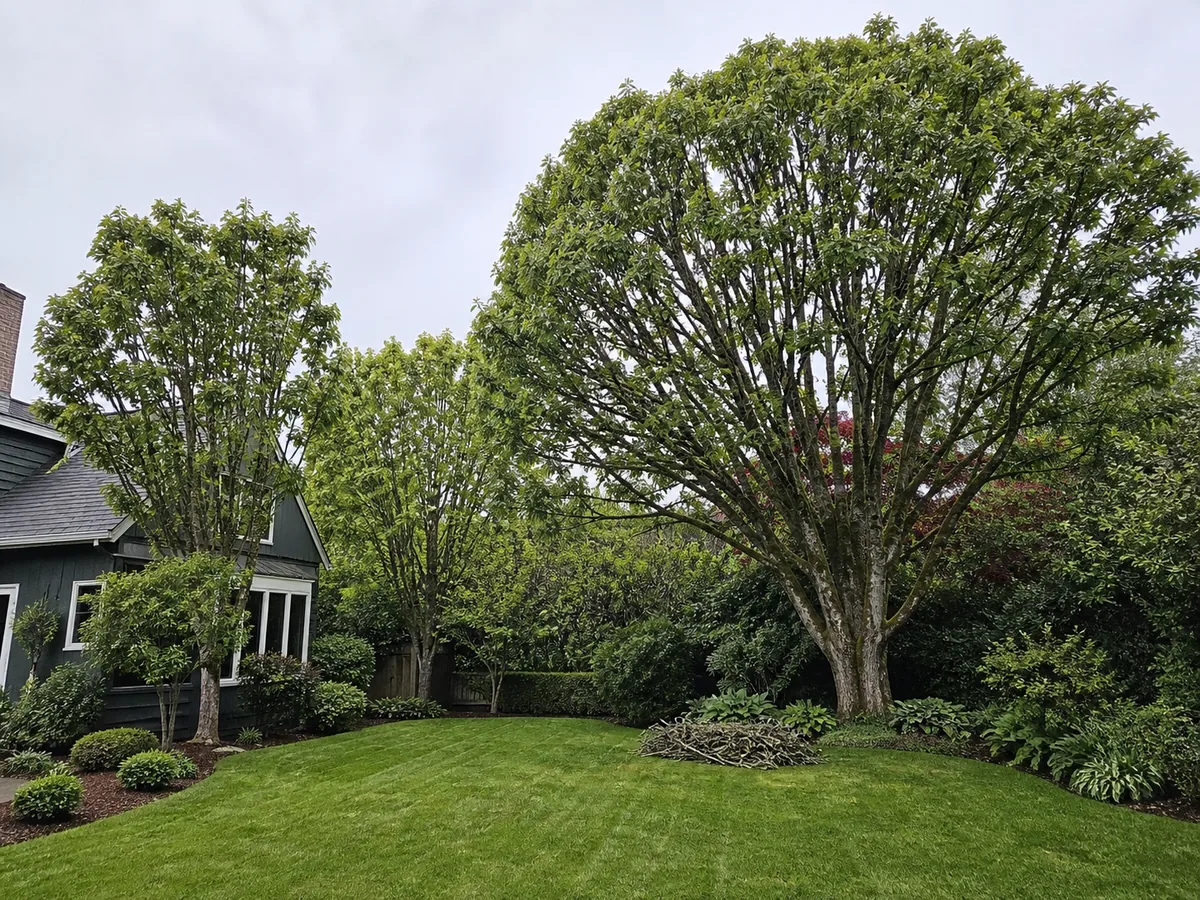 Neatly pruned mature trees in a Portland yard