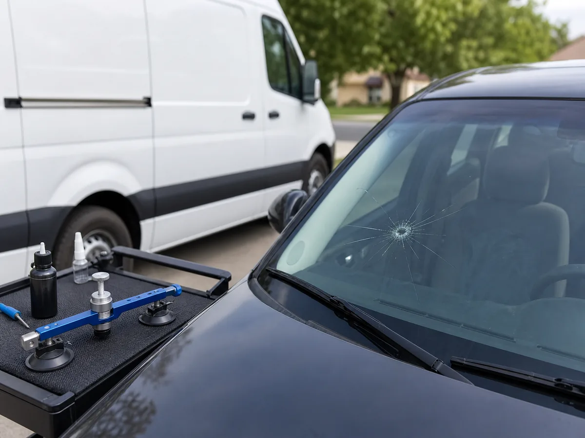 Precision technician calibrating a windshield camera