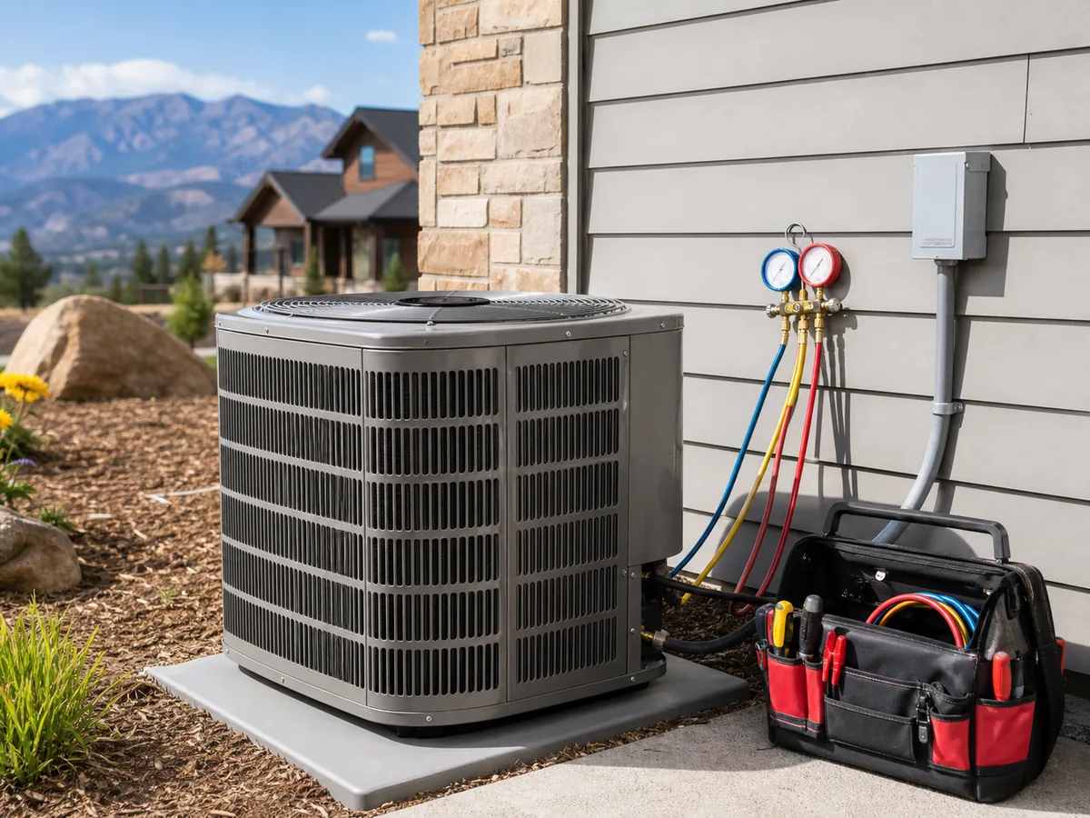 Outdoor AC condenser with HVAC gauges and tool bag beside a home