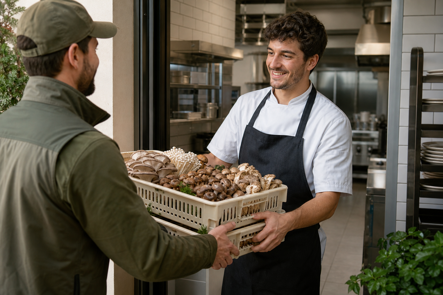 Farm delivery of fresh specialty mushrooms to a restaurant chef