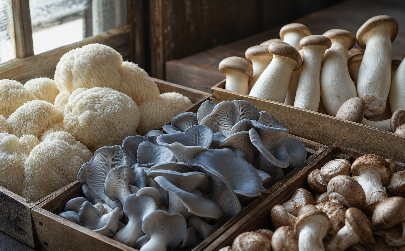 Fresh lion's mane, oyster, chestnut, and king trumpet mushrooms in wooden trays