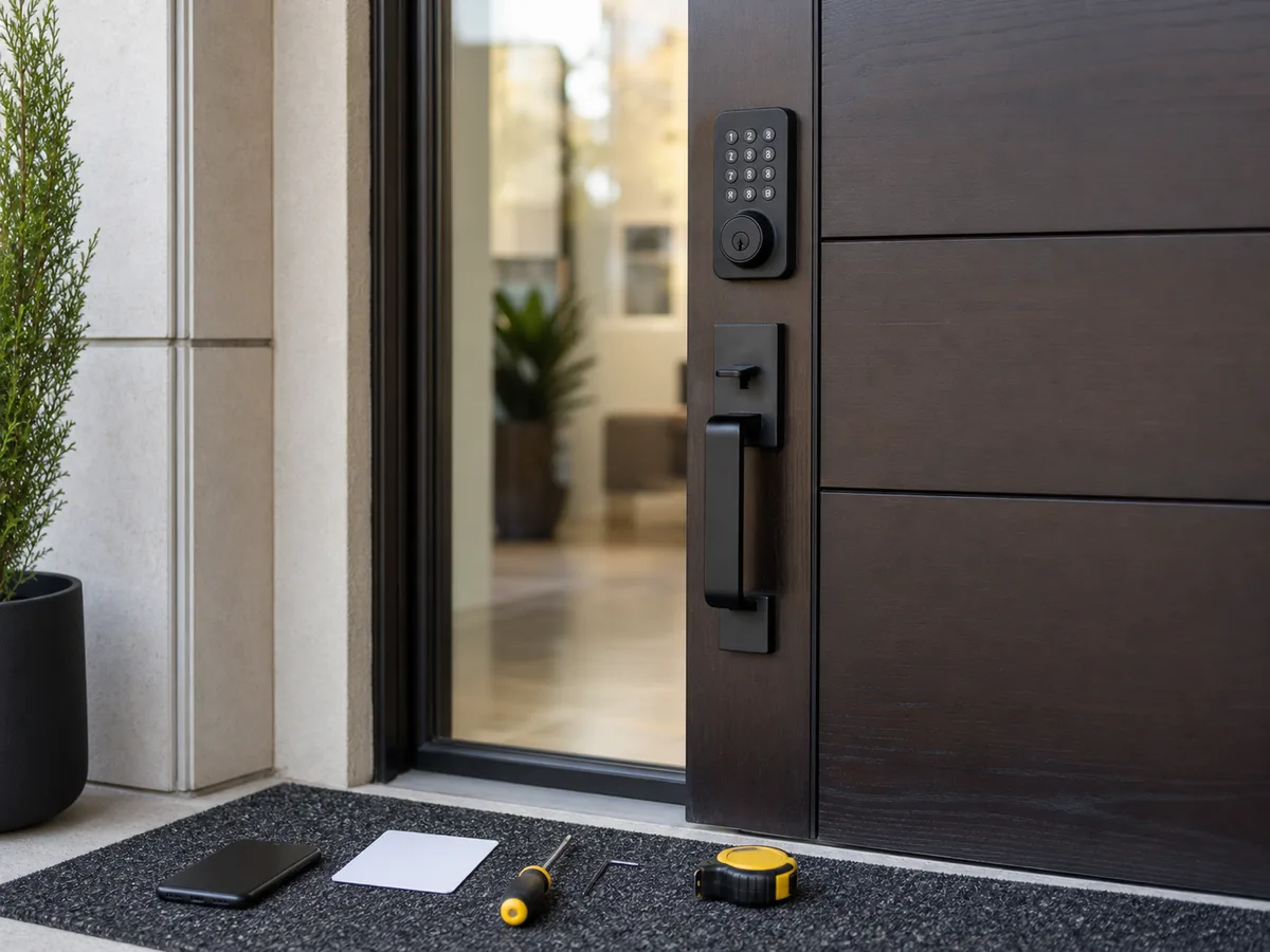 Locksmith installing a smart lock on a front door