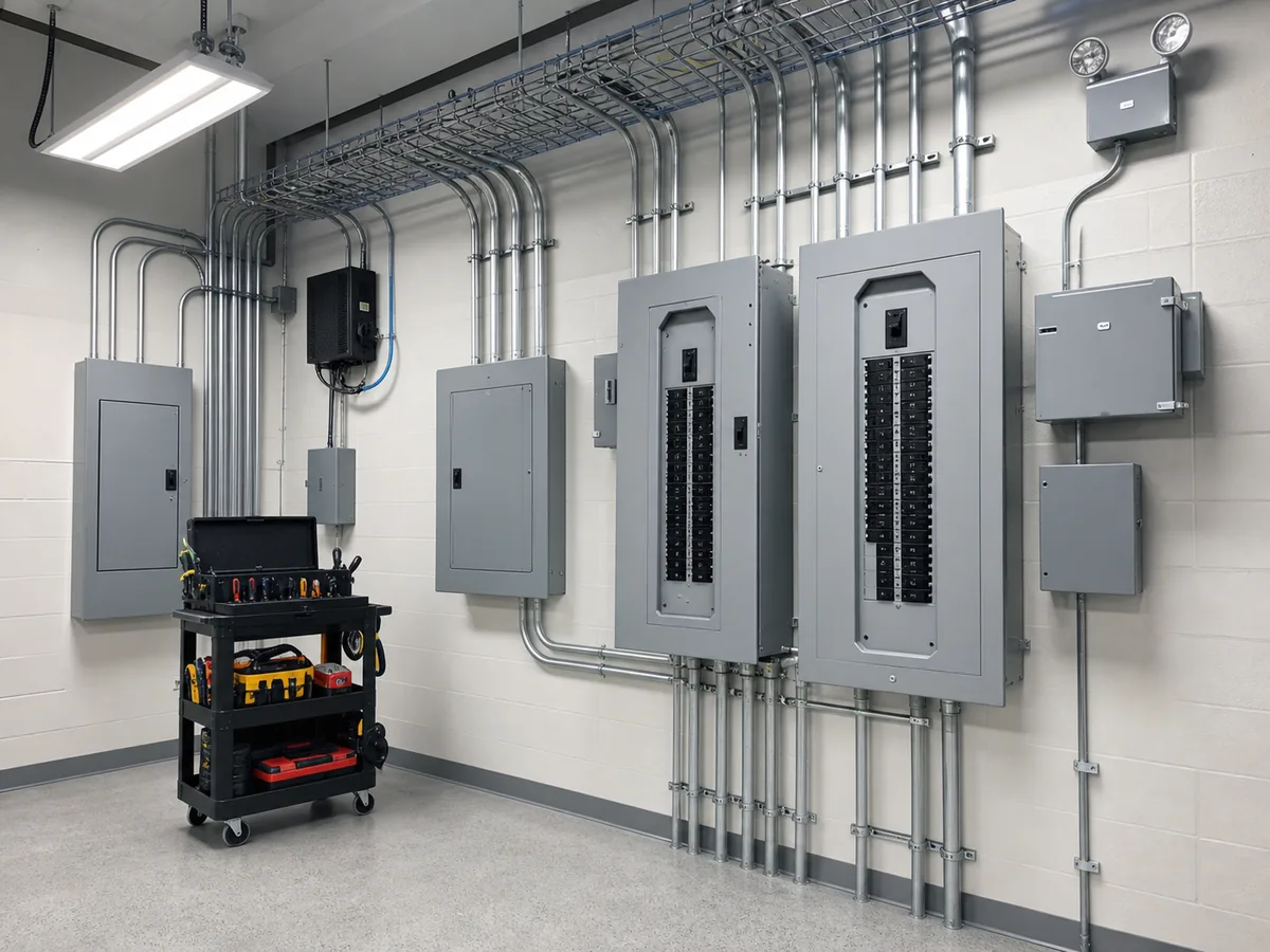 Electrician neatly wiring a new electrical panel