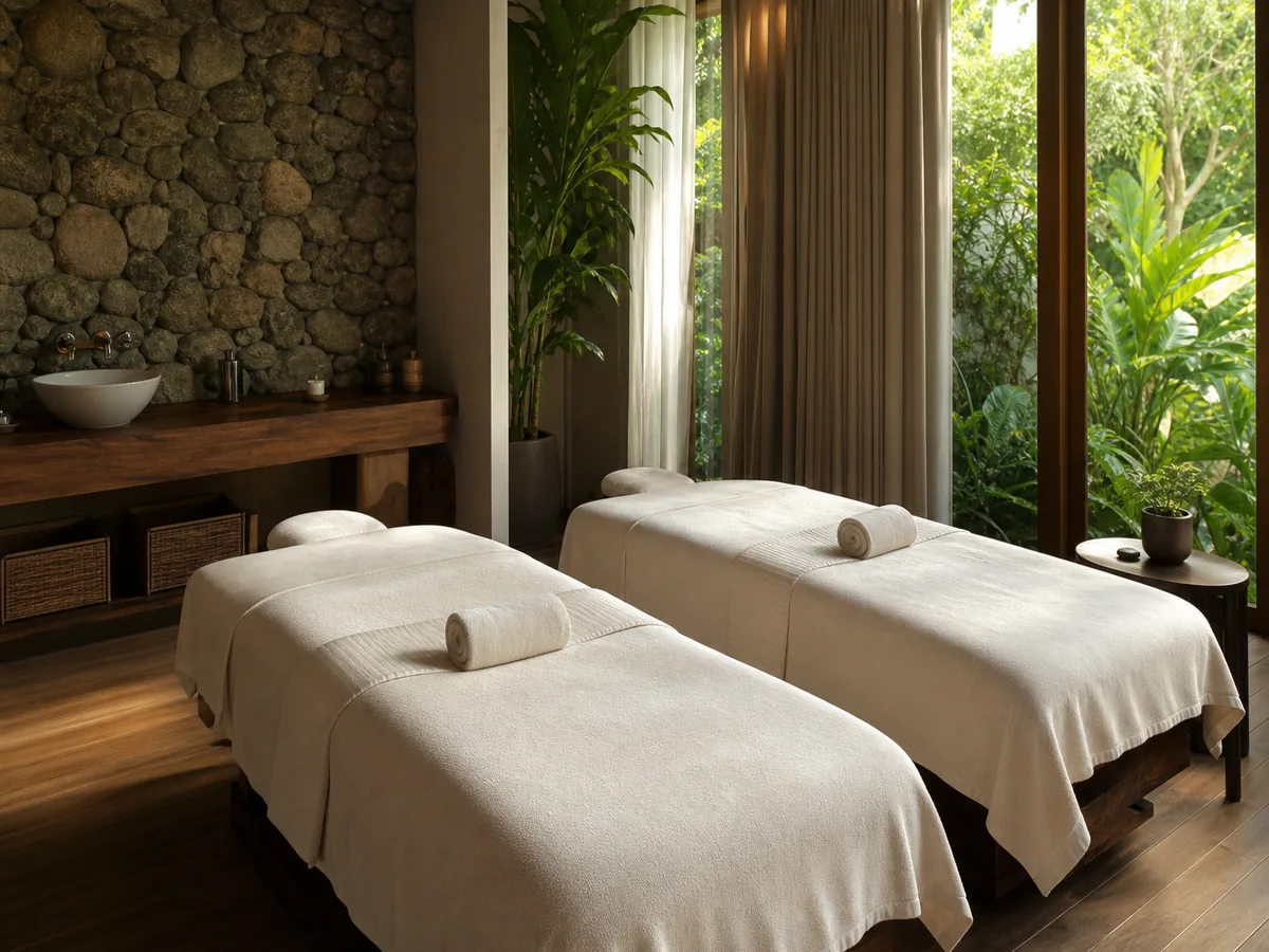 Tranquil spa relaxation lounge with soft natural light