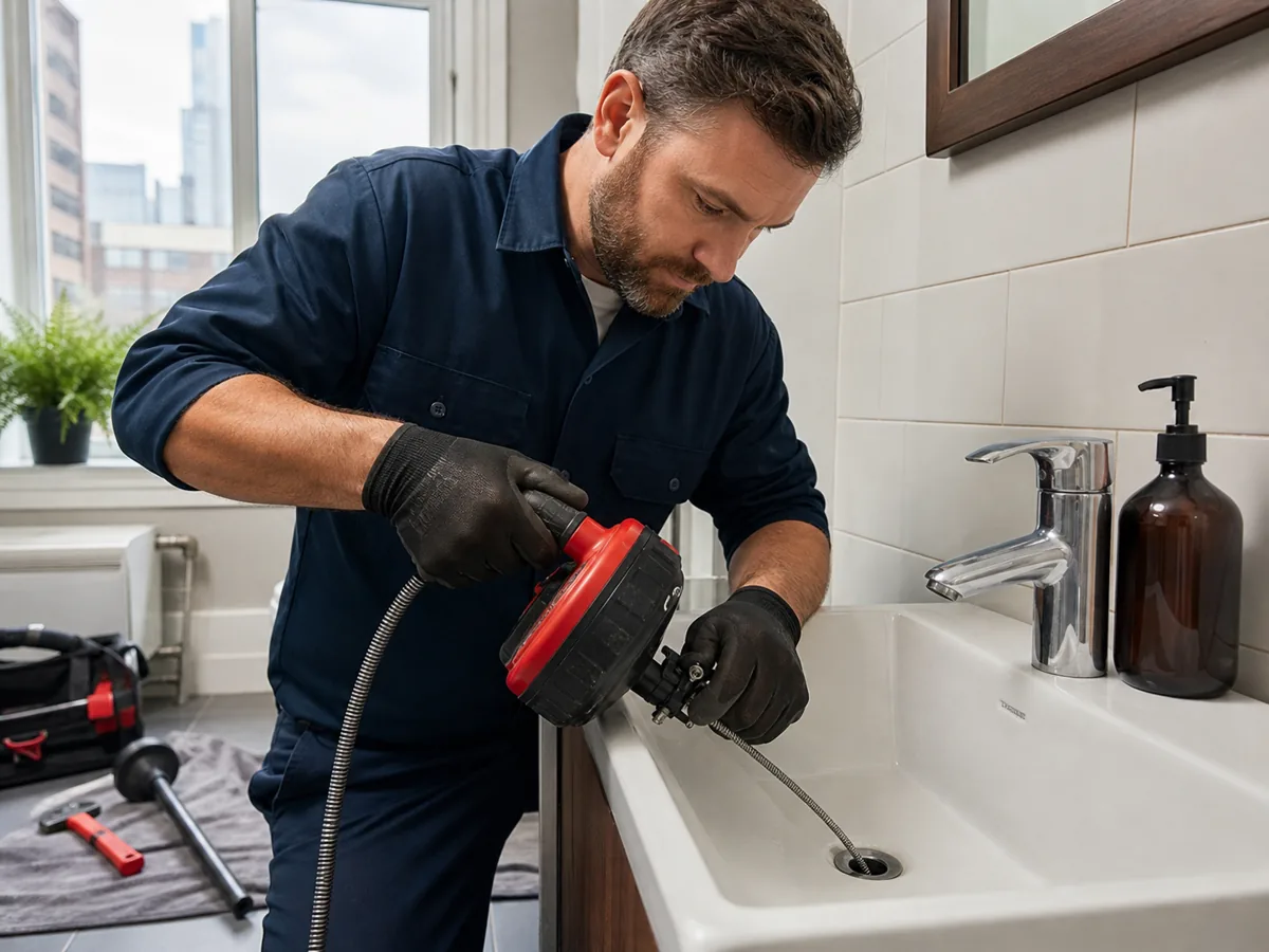 Windy City plumber clearing a drain line in a Chicago home