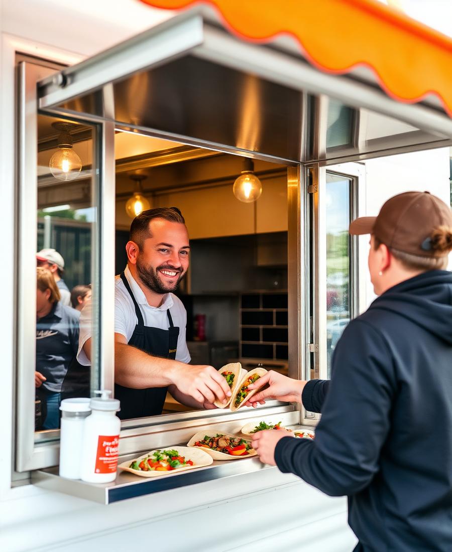 Chef handing tacos through the truck window