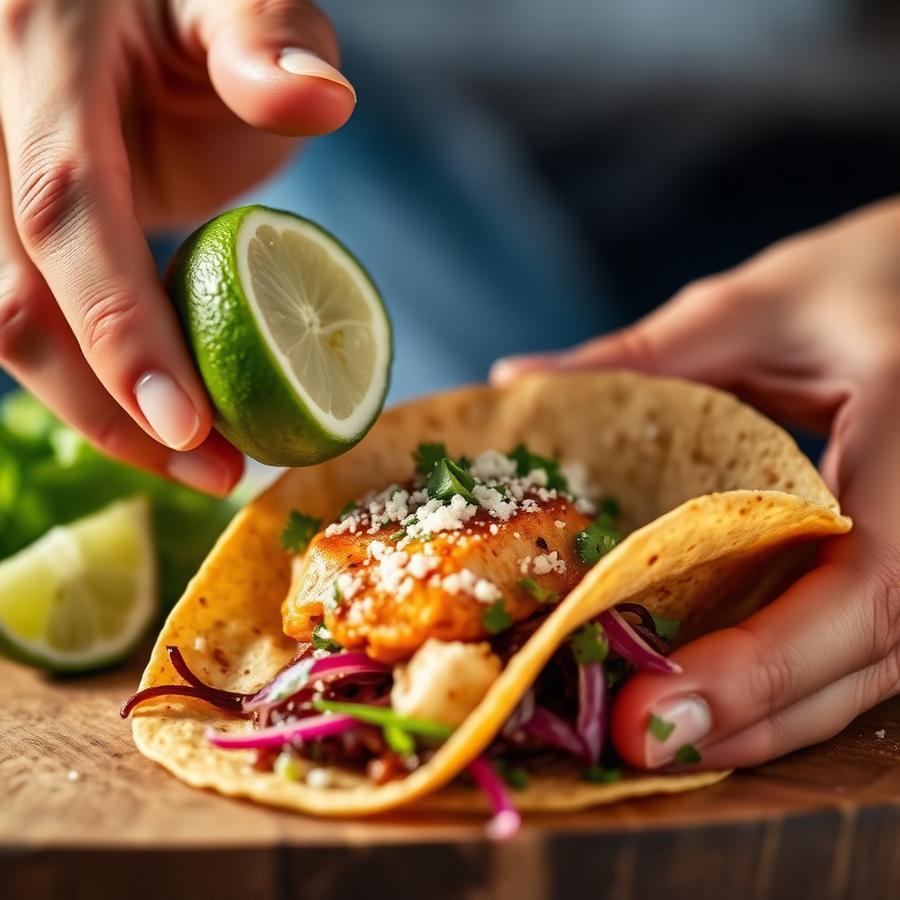 Squeezing fresh lime over a fish taco
