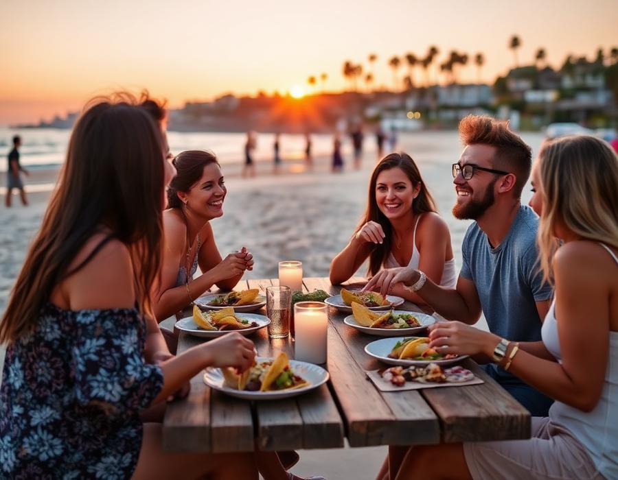 Friends eating tacos at sunset on the beach