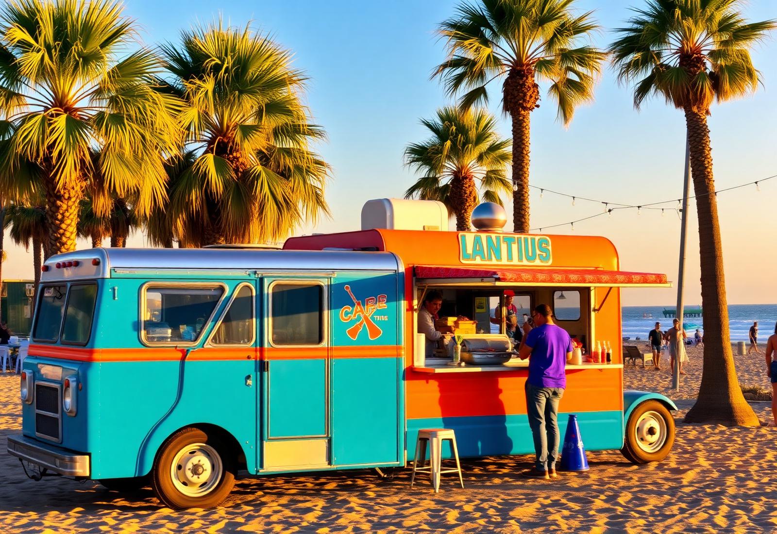 The Baja Tacos food truck parked by a San Diego beach at golden hour