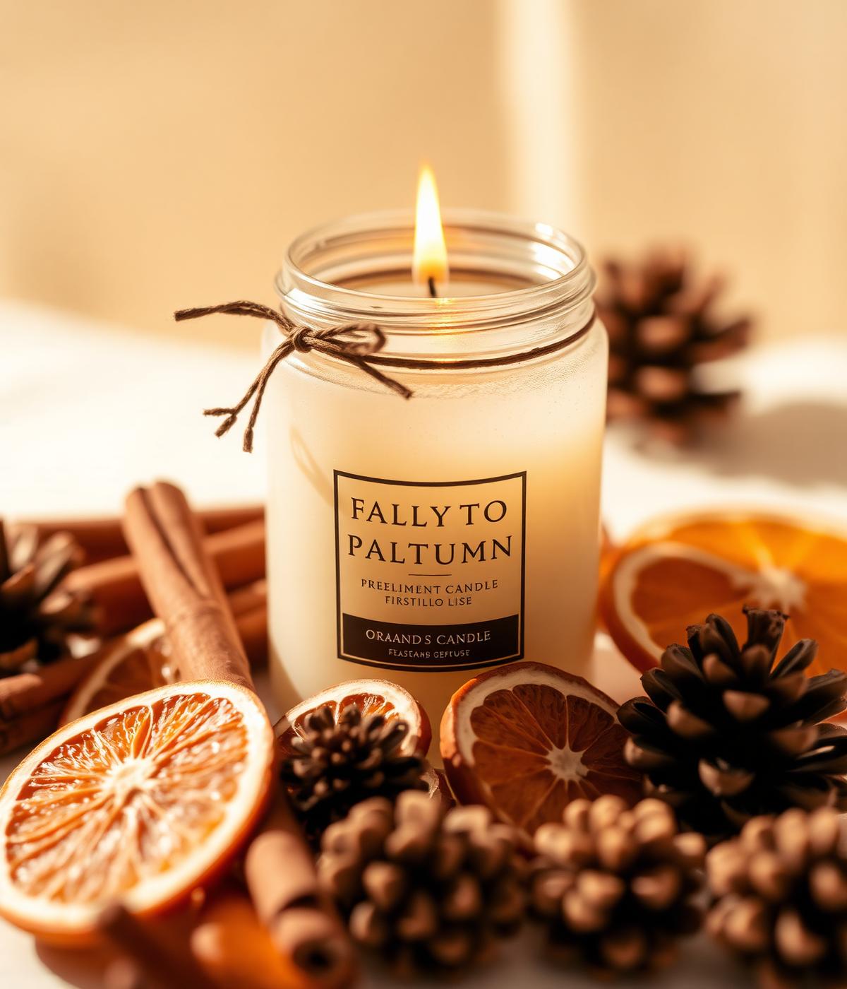 Seasonal autumn candle surrounded by cinnamon and dried orange