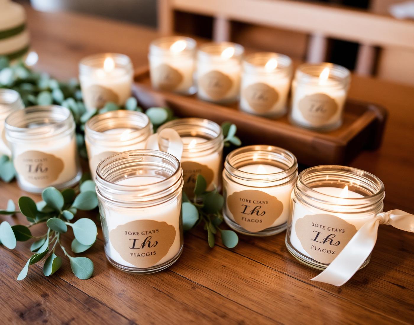 Custom wedding favor candles with kraft labels and eucalyptus