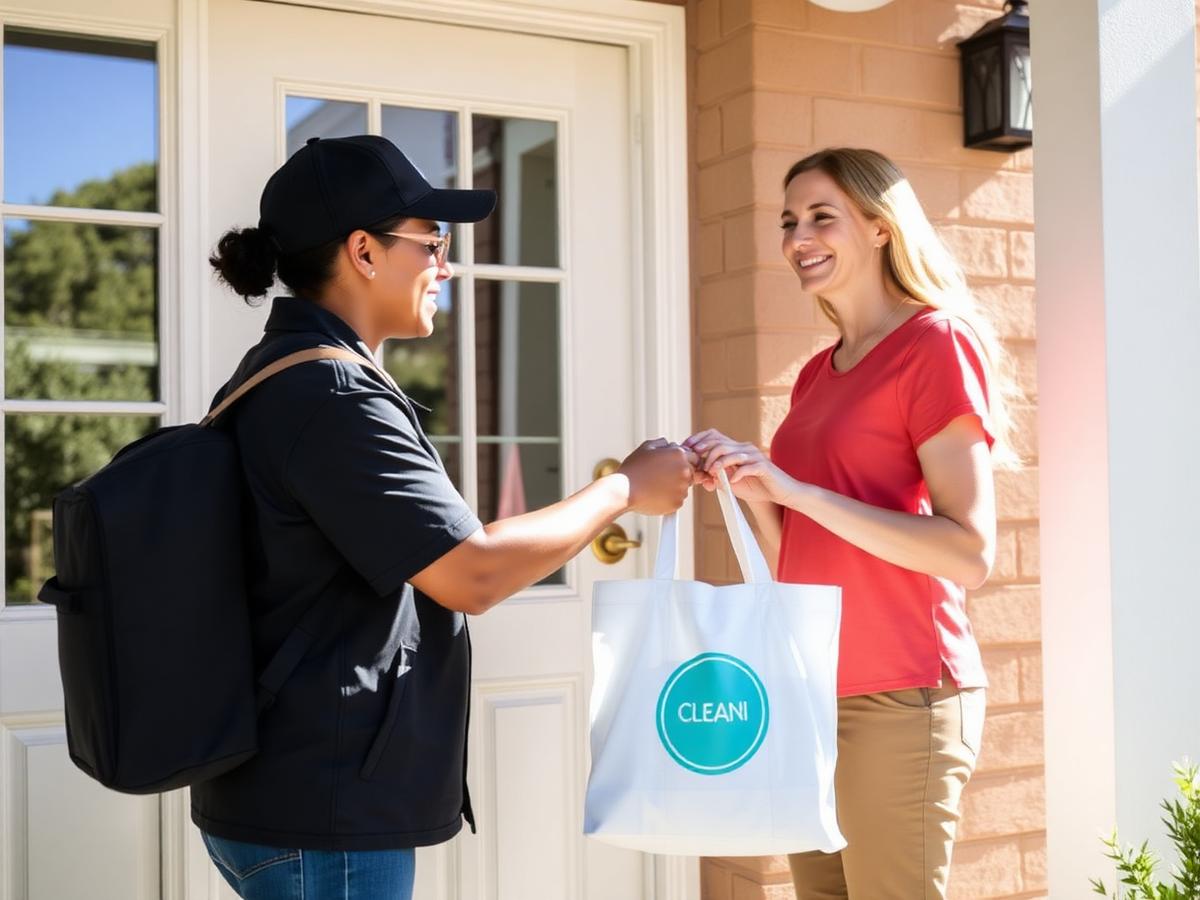 Courier handing off fresh laundry