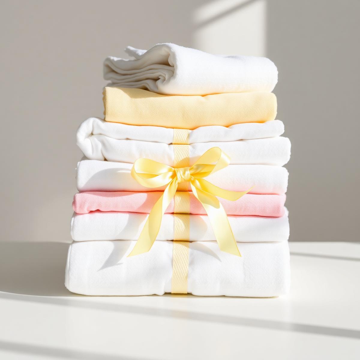 Neatly folded laundry tied with a yellow ribbon