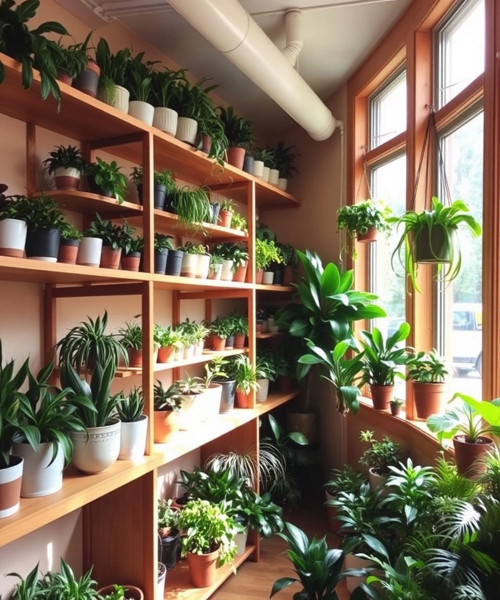 Wooden shelves filled with potted plants at Glass Garden