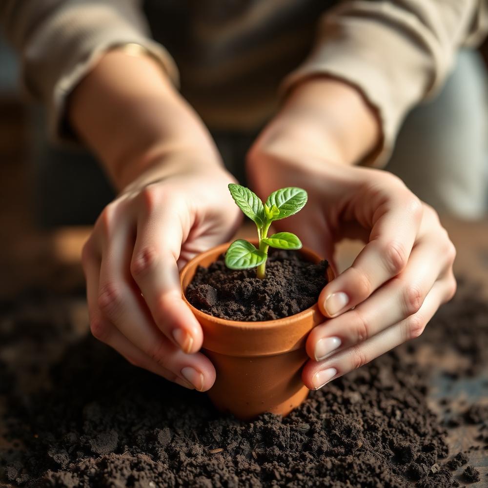 Hands potting a small seedling in terracotta