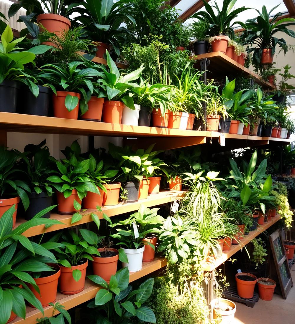 Overflowing plant shelves in warm daylight