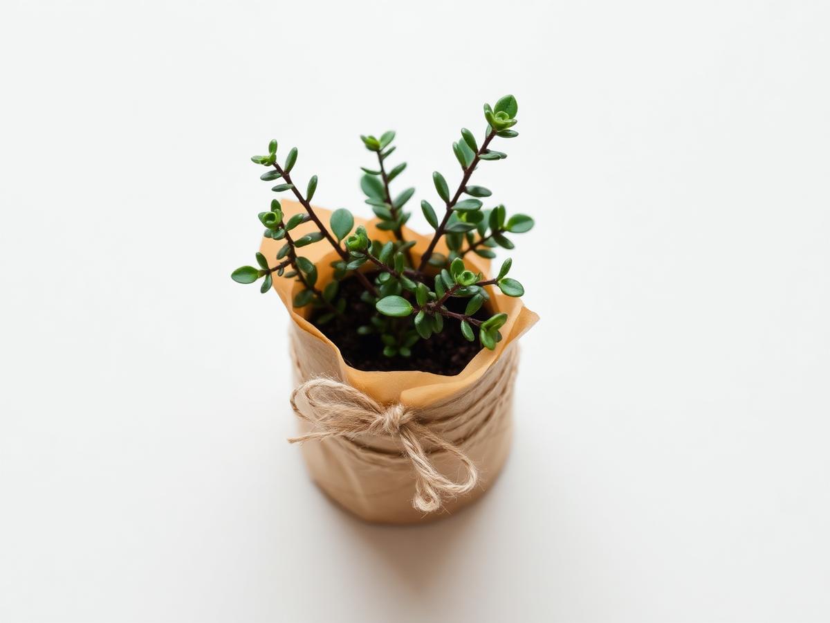 Small potted plant wrapped in kraft paper with twine