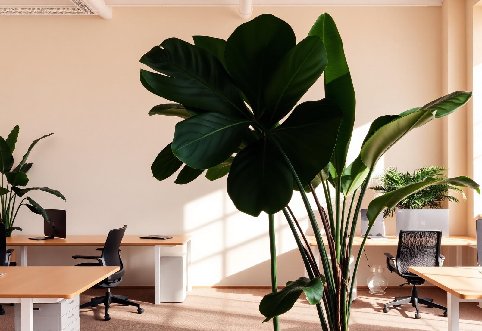 Modern office styled with large indoor plants