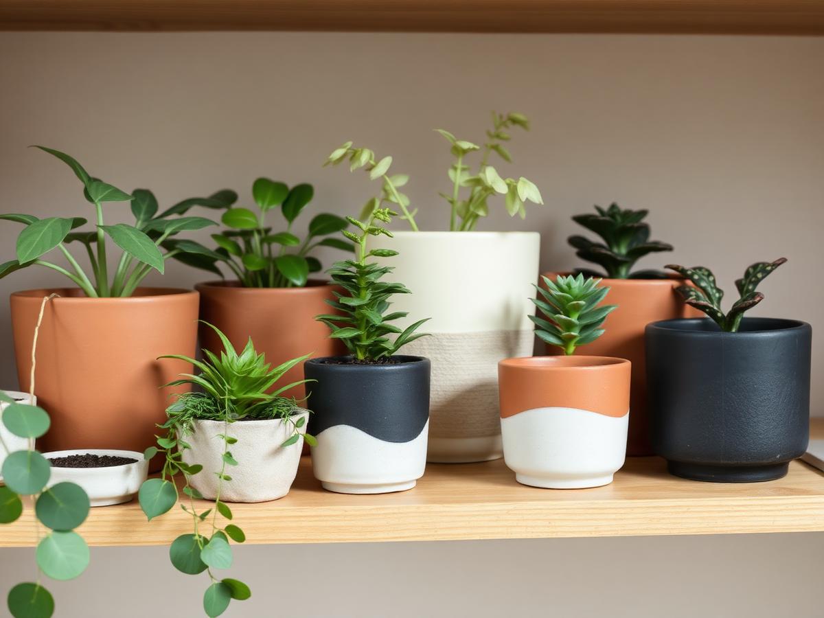 Ceramic pots and plant supplies on wooden shelving