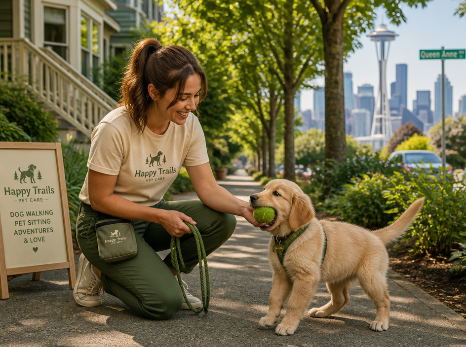 A dog walker kneeling to play with a happy golden retriever puppy on a sunny Seattle sidewalk