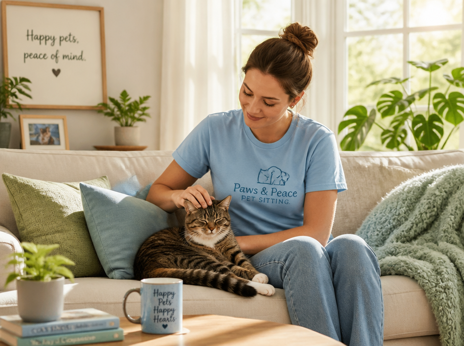 A pet sitter gently petting a relaxed cat on a cozy cream sofa in a sunlit Seattle home