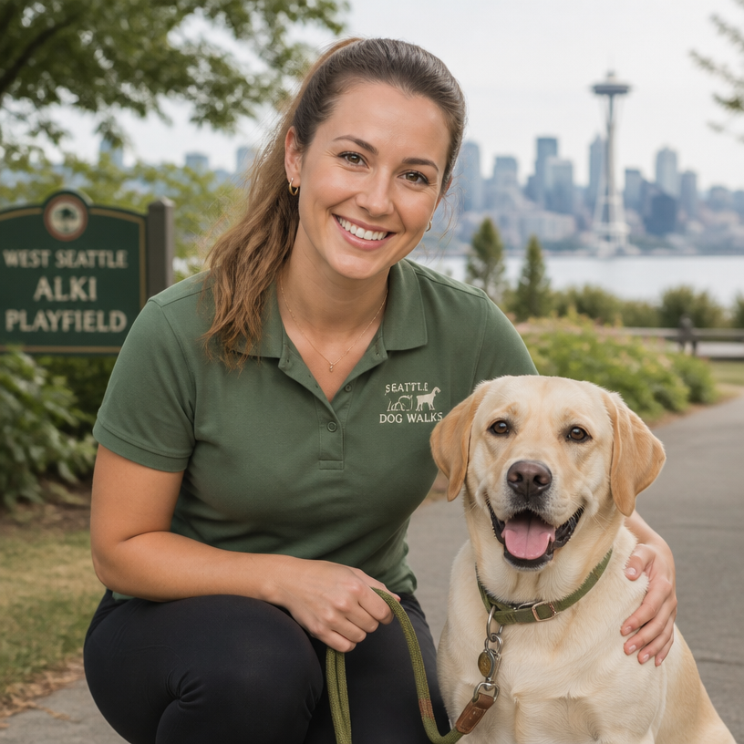 Jordan, the KindSteps dog walker, smiling with a friendly yellow lab at a Seattle park with the Space Needle in the distance